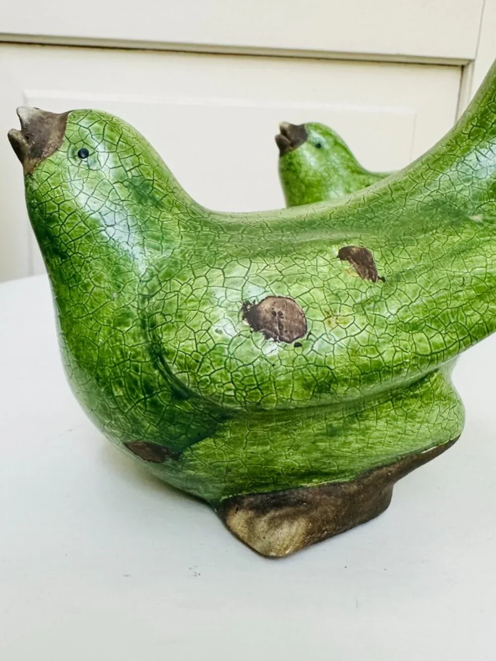 Pier 1 Green Crackle Glaze Bird Figurines Set Cottagecore Farmhouse Decor